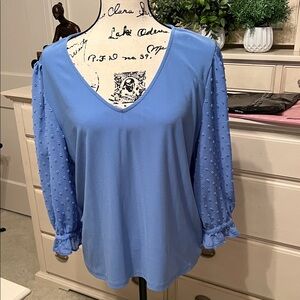 CeCe Light Blue Textured Sleeve Blouse